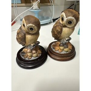 Owl Andrea by Sadek Porcelain Figurine #6350 with Wood Base Set Of 2 3.5" And 4"